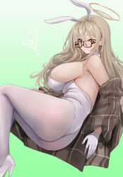 Rule 34 | 1girl, akane (blue archive), akane (bunny) (blue archive), animal ears, ass, bare shoulders, blue archive, blush, breasts, brown eyes, brown scarf, chela77, closed mouth, detached collar, fake animal ears, from side, glasses, gloves, gradient background, green background, hairband, halo, highres, large breasts, leotard, light brown hair, long hair, looking at viewer, looking to the side, pantyhose, plaid, plaid scarf, rabbit ears, scarf, sideboob, solo, very long hair, wavy hair, white gloves, white hairband, white leotard, white pantyhose