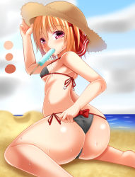 Rule 34 | 1girl, ass, bare shoulders, barefoot, beach, bikini, blonde hair, blush, bow, bra, breasts, day, food, from behind, gradient background, hair bow, hair ribbon, hat, huge ass, looking at viewer, looking back, mouth hold, panties, popsicle, red eyes, ribbon, roro (sghona10), rumia, shiny skin, short hair, side-tie bikini bottom, sitting, solo, straw hat, sweat, swimsuit, thick thighs, thighs, thong, touhou, underwear, wariza