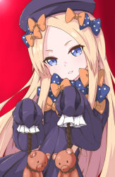 Rule 34 | 1girl, abigail williams (fate), black dress, black hat, blonde hair, blue bow, blue eyes, bow, dress, fate/grand order, fate (series), forehead, hair bow, hands in opposite sleeves, hanged, hat, head tilt, highres, holding, holding rope, kaiven banzhang, long hair, long sleeves, looking at viewer, noose, orange bow, parted bangs, parted lips, polka dot, polka dot bow, red background, rope, simple background, solo, stuffed animal, stuffed toy, teddy bear, very long hair