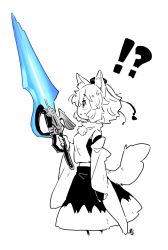 Rule 34 | !?, 1girl, ?, animal ears, black skirt, bridal gauntlets, cowboy shot, cropped legs, detached sleeves, final fantasy, final fantasy viii, from side, gunblade, hat, holding, holding sword, holding weapon, inubashiri momiji, lionheart, monochrome, pom pom (clothes), shirt, short hair, simple background, skirt, solo, spot color, sword, tail, tanasuke, tokin hat, touhou, weapon, white background, white shirt, wide sleeves, wolf ears, wolf tail