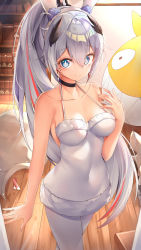 Rule 34 | 1girl, absurdres, bare arms, bare shoulders, blush, breasts, cleavage, closed mouth, collarbone, covered navel, gr greeze, hair ornament, hairband, highres, homu (honkai impact), honkai (series), honkai impact 3rd, indoors, kiana kaslana, long hair, looking at viewer, medium breasts, ponytail, silver hair, smile, solo, standing, thighs, white hairband, white legwear