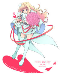 Rule 34 | 1girl, aqua cape, aqua dress, aqua footwear, belt, blonde hair, blue eyes, blunt bangs, boots, bouquet, cape, character name, dated, dress, flower, full body, hair ornament, happy birthday, heart, holding, holding bouquet, long hair, long sleeves, macross, pink flower, pink rose, pom pom (clothes), pom pom hair ornament, puffy long sleeves, puffy sleeves, rose, sheryl nome, short dress, sidelocks, smile, solo, takafuji yuna, thigh boots, twitter username, wavy hair, white background