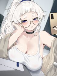 1girl absurdres bare_shoulders black_choker black_nails blush breast_rest breasts camisole cellphone choker cleavage commentary glasses grin highres large_breasts leaning_to_the_side long_hair looking_at_viewer meg_(wakamepiza) mole mole_on_arm mole_on_armpit original phone ponytail purple_eyes round_eyewear short_bangs smartphone smile solo symbol-only_commentary thick_eyebrows thick_eyelashes tsurime wakamepiza white_camisole white_hair yellow-framed_eyewear