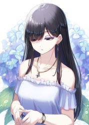 Rule 34 | 1girl, bare shoulders, black hair, blue flower, brown eyes, closed mouth, collarbone, commentary request, dress, earrings, eyeshadow, flower, frilled dress, frills, gohei (aoi yuugure), hair over one eye, half-closed eyes, highres, hydrangea, jewelry, long hair, makeup, off-shoulder dress, off shoulder, original, own hands together, pendant, simple background, solo, watch, water drop, white background, white dress, wristwatch