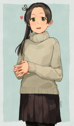 Rule 34 | 1girl, alternate costume, ayanami (kancolle), banned artist, beige sweater, black pantyhose, black skirt, brown eyes, brown hair, commentary request, cowboy shot, kantai collection, long hair, looking at viewer, makio (makiomeigenbot), own hands clasped, own hands together, pantyhose, pleated skirt, side ponytail, skirt, solo, standing