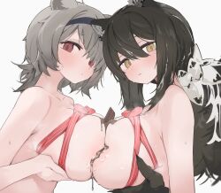 Rule 34 | 2girls, absinthe (arknights), animal ears, arknights, bear ears, black hair, black hairband, blush, breast hold, breast press, breasts, chocolate, chocolate on body, commentary, food on body, grey hair, hair between eyes, hairband, highres, large breasts, long hair, looking at viewer, medium hair, mikozin, multicolored hair, multiple girls, naked ribbon, nipples, parted lips, ponytail, raccoon ears, red eyes, red ribbon, ribbon, robin (arknights), simple background, steaming body, sweat, symbol-only commentary, symmetrical docking, topless, two-tone hair, upper body, white background, white hair, yellow eyes