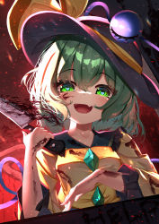Rule 34 | 1girl, :d, absurdres, black hat, blood, bloody knife, collarbone, dfra, fang, green eyes, green hair, hat, hat ribbon, heart, heart-shaped pupils, highres, holding, holding knife, knife, komeiji koishi, looking at viewer, open mouth, ribbon, short hair, skin fang, smile, solo, symbol-shaped pupils, touhou, yellow ribbon