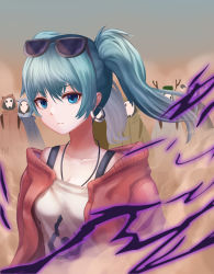 Rule 34 | 1girl, absurdres, aqua hair, bad id, bad pixiv id, blue eyes, bra strap, breasts, cleavage, collarbone, eyewear on head, gya (144), hatsune miku, highres, jewelry, long hair, looking at viewer, medium breasts, necklace, short ponytail, side ponytail, solo, solo focus, suna no wakusei (vocaloid), sunglasses, upper body, vocaloid