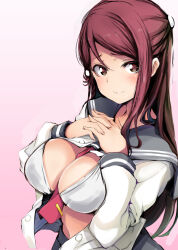 Rule 34 | blush, bra, breasts, brown eyes, cleavage, closed mouth, gengoroh, grey sailor collar, half updo, hashtag-only commentary, large breasts, long hair, looking at viewer, love live!, love live! sunshine!!, neckerchief, neckerchief between breasts, open clothes, open shirt, pink background, red hair, red neckerchief, sailor collar, sakurauchi riko, school uniform, shirt, simple background, sketch, tie clip, underwear, upper body, uranohoshi school uniform, white bra, white shirt