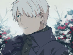 Rule 34 | 1boy, asada hachi, black coat, black gloves, black sweater, blurry, blurry background, coat, commentary request, flower, ginko, gloves, green eyes, hair over one eye, looking to the side, male focus, mushishi, parted lips, plant, short hair, solo, sweater, turtleneck, turtleneck sweater, twitter username, upper body, watermark, white hair, winter