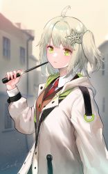 Rule 34 | 1girl, absurdres, ahoge, arknights, blonde hair, brown vest, building, collared shirt, glint, green eyes, hair ornament, hand up, highres, holding, holding wand, jacket, long sleeves, looking at viewer, necktie, one side up, open clothes, open jacket, outdoors, red necktie, scene (arknights), shirt, short hair, signature, sky, solo, star (symbol), star hair ornament, upper body, vest, wand, welt (kinsei koutenkyoku), white jacket, white shirt, yellow sky