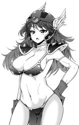 Rule 34 | &gt;:o, 1girl, :o, annoyed, armor, bikini armor, blush, breasts, chunsoft, cleavage, collarbone, dragon quest, dragon quest iii, enix, gloves, greyscale, groin, hand on own hip, helmet, ippongui, large breasts, long hair, monochrome, navel, simple background, soldier (dq3), solo, v-shaped eyebrows, white background, winged helmet