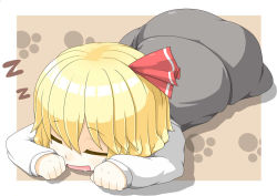 Rule 34 | 1girl, blonde hair, drooling, embodiment of scarlet devil, closed eyes, female focus, hair ribbon, hecchi (blanch), lying, on stomach, open mouth, paw print, ribbon, rumia, saliva, shirt, short hair, skirt, skirt set, sleeping, smile, solo, touhou, vest, zzz