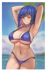 Rule 34 | 1girl, absurdres, alternate eye color, armpits, arms behind head, arms up, bare shoulders, bikini, blue bikini, blue hair, blue sky, blunt bangs, bob cut, breasts, chance8000, choker, cloud, collarbone, commentary request, cowboy shot, day, genshin impact, groin, highres, large breasts, navel, o-ring, o-ring bikini, ocean, partial commentary, short hair, sky, smile, solo, standing, stomach, swimsuit, thighs, water, yelan (genshin impact), yellow eyes