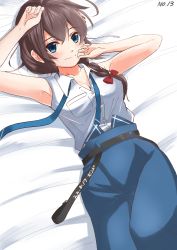 Rule 34 | 1girl, absurdres, ahoge, black hair, blue eyes, blue necktie, blue skirt, braid, collared shirt, commentary request, cowboy shot, hair flaps, hair ornament, hair over shoulder, highres, kantai collection, long hair, looking at viewer, lying, necktie, official alternate costume, one-hour drawing challenge, shigure (kancolle), shigure kai ni (kancolle), shirt, single braid, skirt, sleeveless, sleeveless shirt, solo, watashitachino kareshi, white shirt