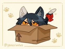 Rule 34 | 1girl, animal ears, black hair, bow, box, cardboard box, cat ears, cat girl, cat tail, chibi, dungeon meshi, hair between eyes, inset border, izutsumi, paw print, signature, slit pupils, snail soup, solo, tail, tail bow, tail ornament