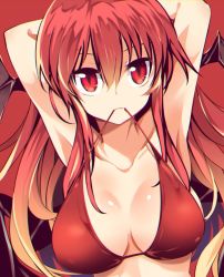 Rule 34 | 1girl, armpits, arms up, bikini, black wings, breasts, cleavage, collarbone, hair between eyes, head wings, koakuma, large breasts, long hair, looking at viewer, maturiuta sorato, mouth hold, red background, red bikini, red eyes, red hair, red theme, simple background, solo, string bikini, swimsuit, touhou, upper body, very long hair, wings