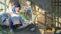 Rule 34 | 2girls, absurdres, alternate costume, armpits, bag, bare shoulders, belt, beret, black headwear, black skirt, blue hair, breasts, chair, chinese commentary, crossed legs, cup, elbow gloves, feet out of frame, food, genshin impact, gloves, green eyes, guaisanmu, hand on own knee, hat, highres, holding, holding cup, holding umbrella, indoors, jacket, large breasts, long hair, long skirt, looking at viewer, midriff, multicolored hair, multiple girls, navel, ningguang (genshin impact), ningguang (pizza hut) (genshin impact), parted bangs, parted lips, pizza, pizza hut, plant, pudding, shirt, short hair, sitting, skirt, sleeveless, smile, standing, sunlight, umbrella, vase, white jacket, white shirt, yelan (genshin impact), yelan (pizza hut) (genshin impact)