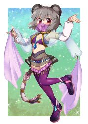Rule 34 | 1girl, \n/, alternate costume, animal ears, arabian clothes, bikini, black footwear, blue shawl, blush, border, breasts, commentary request, crystal, dancer, full body, gold, grey hair, highres, looking at viewer, medium bangs, momomomo (user ueus7454), mouse ears, mouse girl, mouse tail, mouth veil, nazrin, open mouth, pearl anklet, purple bikini, purple thighhighs, red eyes, round teeth, see-through, see-through shawl, shawl, shoes, short hair, small breasts, smile, solo, sparkle, swimsuit, tail, tail ornament, teeth, thighhighs, touhou, veil, white border