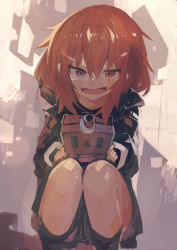 Rule 34 | 1girl, absurdres, alternate costume, brown eyes, brown hair, fang, feet out of frame, hair between eyes, hair ornament, hairclip, highres, ikazuchi (kancolle), kaamin (mariarose753), kantai collection, long sleeves, machinery, open mouth, rigging, short hair, solo, turret