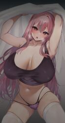 Rule 34 | 1girl, :i, armpits, arms up, azur lane, bare arms, bare shoulders, blanket, blush, breasts, bremerton (azur lane), bremerton (relaxation consultation) (azur lane), cameltoe, cleavage, collarbone, commentary, grey hair, highres, huge breasts, long hair, looking at viewer, mole, mole on breast, mole under eye, multicolored hair, navel, open mouth, panties, pink eyes, pink hair, purple panties, pussy juice, satou daiji, sleeveless, solo, streaked hair, thighhighs, thighs, underwear, white thighhighs