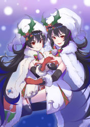 Rule 34 | 2girls, bell, black hair, black legwear, blush, breasts, cape, cleavage, closed mouth, dual persona, elbow gloves, fur-trimmed cape, fur-trimmed gloves, fur-trimmed headwear, fur trim, garter straps, gloves, hair ornament, hat, highres, holly, holly hair ornament, ilya (christmas) (princess connect!), ilya (princess connect!), ilya (small) (princess connect!), jingle bell, large breasts, layered gloves, leotard, long hair, looking at viewer, multiple girls, open mouth, princess connect!, red eyes, red gloves, santa hat, shimon (31426784), small breasts, smile, thighhighs, thighs, white cape, white gloves, white leotard