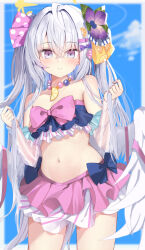 Rule 34 | 1girl, absurdres, ahoge, azusa (blue archive), azusa (swimsuit) (blue archive), bikini, blue archive, blue bikini, blue bow, blush, bow, collarbone, commentary, cowboy shot, crossed bangs, detached sleeves, feathered wings, flower, food-themed hair ornament, frilled bikini, frills, hair between eyes, hair flower, hair ornament, hair ribbon, hairclip, halo, highres, jewelry, long hair, looking at viewer, navel, necklace, nodoameyatou, official alternate costume, orange hair ornament, parted lips, pearl necklace, pink bikini, pink bow, pink eyes, pink ribbon, purple flower, ribbon, solo, swimsuit, two-tone bikini, two side up, watermelon hair ornament, white hair, white sleeves, white wings, wings, yellow halo