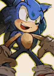Rule 34 | 1boy, animal ears, animal nose, aoki (fumomo), blue fur, blue hair, blush, body fur, furry, furry male, gloves, green eyes, green outline, happy, legs apart, long hair, looking afar, male focus, open mouth, outline, smile, socks, solo, sonic (series), sonic the hedgehog, spiked hair, standing, tail, teeth, white gloves, white socks