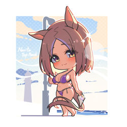Rule 34 | 1girl, animal ears, bare shoulders, barefoot, bikini, breasts, character name, chibi, closed mouth, commentary, highres, holding, horse ears, horse girl, horse tail, large breasts, light brown hair, light smile, looking at viewer, medium hair, narita top road (umamusume), no nose, outdoors, parted bangs, purple bikini, skindentation, solo, sparkle, standing, swimsuit, tail, thighs, umamusume, underboob, warashi