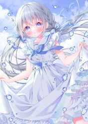 Rule 34 | 1girl, artist name, blue eyes, blue sky, blush, bubble, clothes lift, cloud, collarbone, dress, dress lift, grey hair, highres, lifted by self, long hair, looking at viewer, original, outdoors, puu (kari---ume), short sleeves, sky, solo, twintails, water, white dress