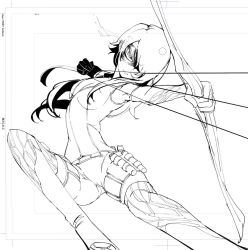 Rule 34 | 1girl, alternate costume, arrow (projectile), bow, bow (weapon), cinder fall, drawing bow, holding bow (weapon), jumping, mask, monochrome, neichiru, rwby, sneaking suit, solo, weapon
