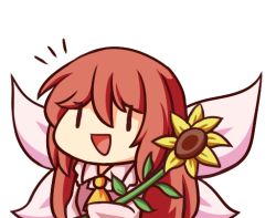Rule 34 | 1girl, :d, ascot, chibi, commentary, dress, english commentary, fairy, fairy wings, flower, hair between eyes, holding, holding flower, long hair, long sleeves, open mouth, pink dress, red hair, sidelocks, simple background, smile, solo, sunflower, touhou, upper body, white background, wide sleeves, wings, wool (miwol), yellow ascot, | |