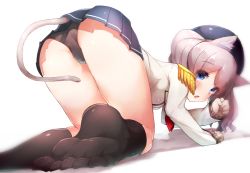 Rule 34 | 10s, 1girl, all fours, animal ears, ass, beret, black panties, black socks, blue eyes, blue skirt, blurry, boruhis, breasts, cameltoe, cat, cat tail, commentary, depth of field, epaulettes, eyebrows, feet, foreshortening, frilled sleeves, frills, hat, kantai collection, kashima (kancolle), kemonomimi mode, long sleeves, looking at viewer, looking back, medium breasts, miniskirt, neckerchief, necktie, no shoes, open mouth, panties, pantyshot, pleated skirt, shadow, shirt, silver hair, simple background, skirt, socks, solo, tail, thighs, toes, twintails, underwear, white shirt