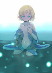 Rule 34 | bare legs, bare shoulders, barefoot, bell, blonde hair, bottomless, breasts, brown jacket, collarbone, commentary request, expressionless, green eyes, jacket, kneeling, long sleeves, looking at viewer, midriff, mizuhashi parsee, navel, no bra, open mouth, partially submerged, pointy ears, rangycrow, removing jacket, short hair, small breasts, solo, stomach, touhou, undressing, water