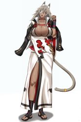 Rule 34 | 1girl, :o, absurdres, animal ear fluff, animal ears, arm under breasts, baiken, baiken (cosplay), black jacket, black kimono, breasts, cat ears, cat tail, choker, cleavage, clenched hand, collarbone, commentary request, cosplay, dark-skinned female, dark skin, eyepatch, facial scar, full body, ghislaine dedoldia, guilty gear, hair between eyes, hand up, head tilt, highres, jacket, jacket on shoulders, japanese clothes, kataginu, kimono, large breasts, long hair, looking at viewer, multicolored clothes, multicolored kimono, mushoku tensei, no5nefu jiapple, open clothes, open kimono, open mouth, partial commentary, red choker, red eyes, sandals, scar, scar on cheek, scar on face, shadow, sidelocks, simple background, solo, standing, tail, tail ornament, tail ring, torn sleeve, white background, white kimono