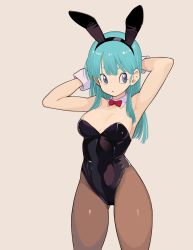 Rule 34 | 1girl, absurdres, animal ears, aqua hair, armpits, arms behind head, arms up, black leotard, blue eyes, blunt bangs, bow, bowtie, breasts, bulma, cleavage, cowboy shot, detached collar, dragon ball, dragonball z, gluteal fold, hair behind ear, highleg, highleg leotard, highres, leotard, long hair, looking to the side, medium breasts, pantyhose, playboy bunny, rabbit ears, red bow, red bowtie, rokoido12, simple background, solo, standing, straight hair, strapless, strapless leotard, thighs, traditional bowtie, wrist cuffs