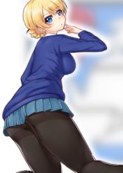 Rule 34 | 10s, 1girl, :o, ass, black pantyhose, blonde hair, blouse, blue eyes, blue skirt, blue sweater, blurry, blurry background, braid, braided bun, commentary, darjeeling (girls und panzer), from behind, girls und panzer, hair bun, hand to own mouth, highres, kneeling, long sleeves, looking at viewer, looking back, miniskirt, pantyhose, parted lips, pleated skirt, saezu habaki, school uniform, shirt, short hair, skirt, solo, st. gloriana&#039;s school uniform, sweater, thighband pantyhose, thighs, v-neck, white shirt