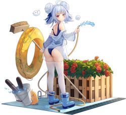 Rule 34 | 1girl, ahoge, ass, azur lane, bare shoulders, bird, blue one-piece swimsuit, boots, broom, bucket, chick, dango remi, double bun, flower, full body, hair bun, hair ribbon, heterochromia, highres, holding, hose, innertube, jacket, long hair, long sleeves, looking at viewer, looking back, manjuu (azur lane), nicholas (azur lane), nicholas (summer cleaning &quot;volunteer&quot;) (azur lane), off shoulder, official alternate costume, official art, one-piece swimsuit, open clothes, open jacket, parted lips, red eyes, red flower, ribbon, see-through, solo, standing, swim ring, swimsuit, thighhighs, torpedo, transparent background, water, white jacket, white thighhighs, yellow eyes