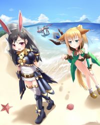Rule 34 | 3girls, animal ears, armor, axe, bad id, bad perspective, bad pixiv id, beach, belt, black hair, blonde hair, blue hair, boots, rabbit ears, day, dog ears, elin, fox ears, fox tail, gloves, green eyes, highres, long hair, multiple girls, ocean, outdoors, panties, red eyes, side ponytail, sky, staff, tail, tera online, thighhighs, twintails, underwear, weapon, wet, wet clothes, yaguo