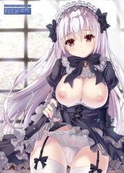 Rule 34 | 1girl, absurdres, blush, bow, bow panties, breasts, breasts out, cameltoe, clothes lift, criss-cross halter, curtains, dress, dress lift, frilled panties, frills, garter straps, gothic lolita, hair ribbon, hairband, halterneck, halterneck, highres, kino (kino konomi), large breasts, lolita fashion, lolita hairband, long hair, looking at viewer, musical note, nipples, open mouth, panties, quaver, red eyes, ribbon, scan, silver hair, skirt, skirt lift, solo, standing, thighhighs, underwear, white panties, white thighhighs, window