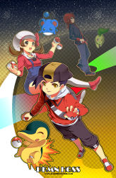 Rule 34 | 1girl, 2boys, :d, backwards hat, baseball cap, black eyes, black hair, breasts, brown eyes, brown hair, checkered background, chikorita, closed eyes, closed mouth, commentary, copyright name, creature, creatures (company), cyndaquil, english commentary, ethan (pokemon), full body, game freak, gen 2 pokemon, happy, hat, holding, holding poke ball, kaze-hime, long sleeves, lyra (pokemon), marill, multiple boys, nintendo, open mouth, overalls, pants, poke ball, poke ball (basic), pokemon, pokemon (creature), pokemon hgss, red eyes, shoes, silver (pokemon), small breasts, smile, standing, twintails, watermark, web address, white hat, yellow eyes