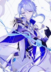 Rule 34 | 1boy, absurdres, armor, black gloves, blue hair, closed mouth, genshin impact, gloves, hair between eyes, highres, holding, holding sword, holding weapon, japanese armor, japanese clothes, kamisato ayato, liquid weapon, looking at viewer, male focus, milil, mole, mole under mouth, purple eyes, signature, simple background, solo, sword, tassel, vision (genshin impact), weapon, white background, wide sleeves