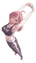 Rule 34 | 1girl, ahoge, armpits, asymmetrical bangs, baggy pants, bisuke (isbsk ekaki), black pants, black sports bra, blunt bangs, blush, breasts, cleavage, clothes writing, commentary request, commission, crop top, eyes visible through hair, full body, groin, highres, indie virtual youtuber, long hair, medium breasts, midriff, momochi momo (vtuber), navel, one eye closed, open mouth, outstretched arms, pants, pink eyes, pink footwear, pink hair, shoes, simple background, skeb commission, sleeveless, smile, sneakers, solo, sports bra, stretching, sweat, toned, virtual youtuber, white background