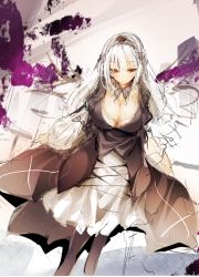 Rule 34 | 1girl, black dress, black feathers, black legwear, breasts, cleavage, dress, feathers, frills, hairband, large breasts, lolita fashion, long hair, puffy sleeves, red eyes, rozen maiden, silver hair, sketch, smile, solo, suigintou, tousen, wings