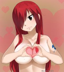 Rule 34 | 1girl, artist name, blush, breasts, brown hair, collarbone, erza scarlet, fairy tail, gaston18, heart, heart hands, highres, large breasts, long hair, looking to the side, nude, red hair, sweat, tattoo, upper body