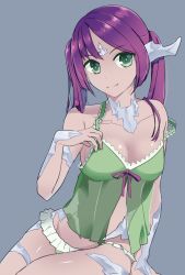 Rule 34 | 10s, 1girl, artist request, au ra, babydoll, bra, breasts, cleavage, dragon girl, final fantasy, final fantasy xiv, frilled bra, frilled panties, frills, green eyes, highres, horns, midriff, nightgown, off shoulder, panties, purple hair, simple background, solo, underwear, upper body