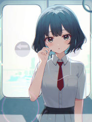 Rule 34 | 1girl, black hair, blush, cable, collared shirt, earbuds, earphones, green eyes, highres, holding, holding earphones, looking at viewer, nam (nam990902), necktie, original, parted lips, pleated skirt, red necktie, school uniform, shirt, short hair, short sleeves, single earphone removed, skirt, solo, train interior, white shirt