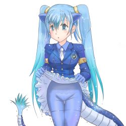 Rule 34 | 10s, 1girl, animal ears, blue eyes, blue gloves, blue hair, blue shirt, blush, clothes lift, gloves, hair between eyes, kemono friends, lifted by self, long sleeves, open mouth, pantyhose, seiryuu (kemono friends), shirt, shiyo (cvn00m), short hair, skirt, skirt lift, solo, tail, twintails, white background