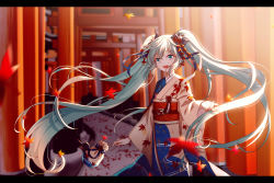 Rule 34 | 1girl, :d, absurdly long hair, absurdres, autumn leaves, black bow, blue eyes, blue hair, bow, floating hair, hair between eyes, hair bow, hatsune miku, highres, japanese clothes, kimono, leaf, letterboxed, long hair, long sleeves, looking at viewer, maple leaf, open mouth, outdoors, smile, so tsubasa, solo, standing, torii, very long hair, vocaloid, wide sleeves