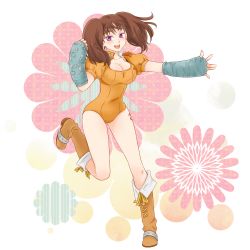 Rule 34 | 10s, 1girl, :d, akito md, blush, bodysuit, boots, breasts, brown hair, cleavage, clenched hand, cross-laced footwear, diane (nanatsu no taizai), elbow gloves, emblem, fingerless gloves, floral background, full body, gloves, hand up, happy, high collar, highres, hip focus, knee boots, large breasts, leg lift, leg up, legs apart, leotard, long hair, nanatsu no taizai, narrow waist, open hand, open mouth, outstretched arm, puffy short sleeves, puffy sleeves, purple eyes, short sleeves, smile, solo, standing, standing on one leg, tattoo, twintails